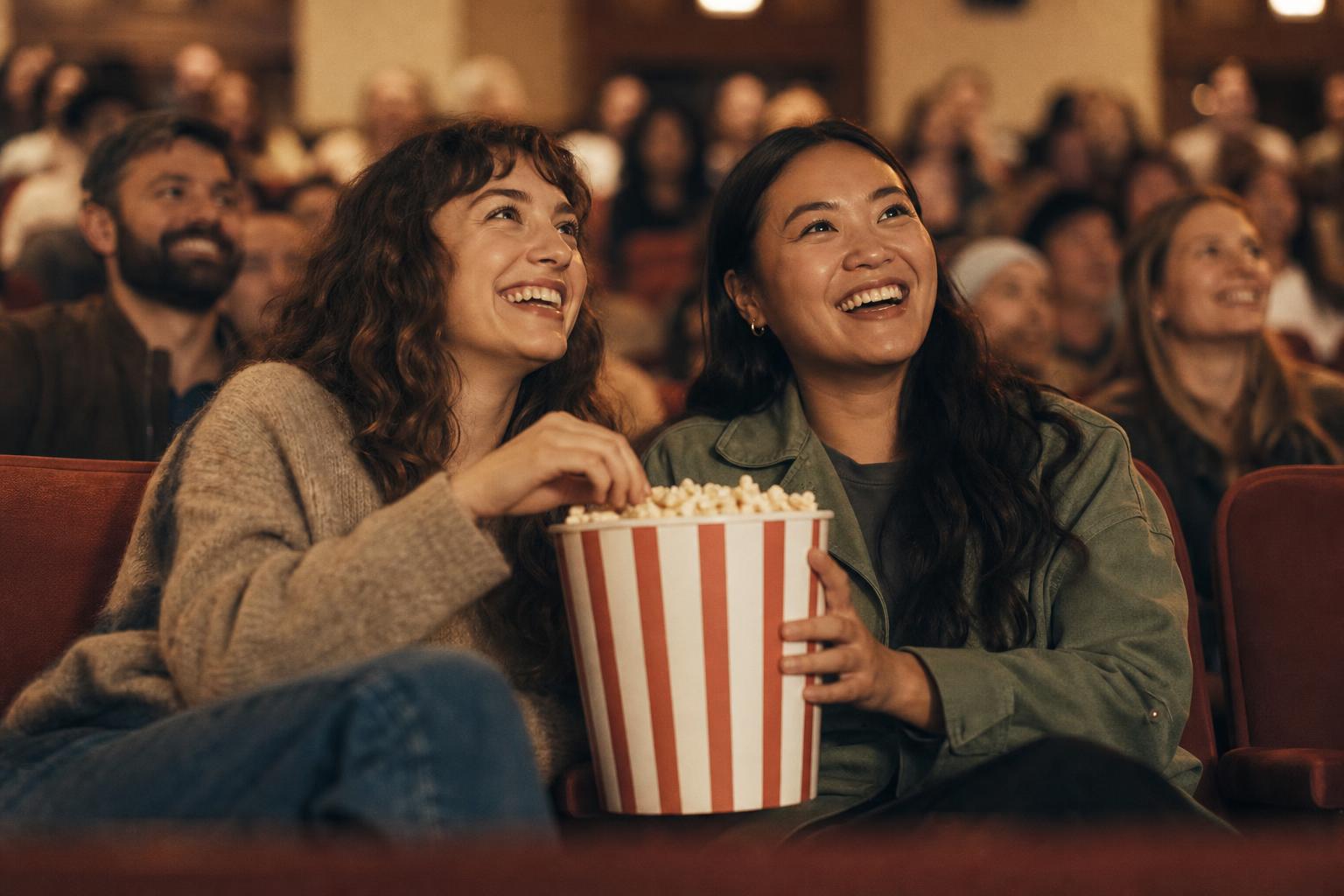 Dos personas disfrutando del cine con palomitas como beneficio para equipos