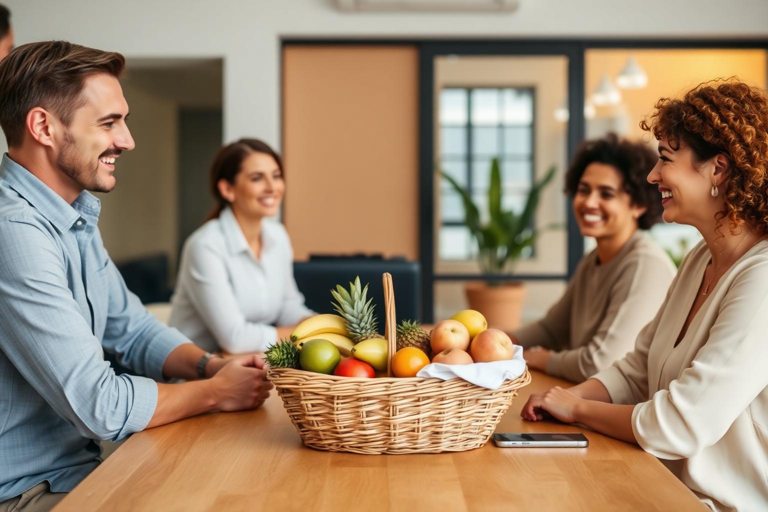 Equipo pequeño disfrutando de fruta fresca en su oficina de Alicante